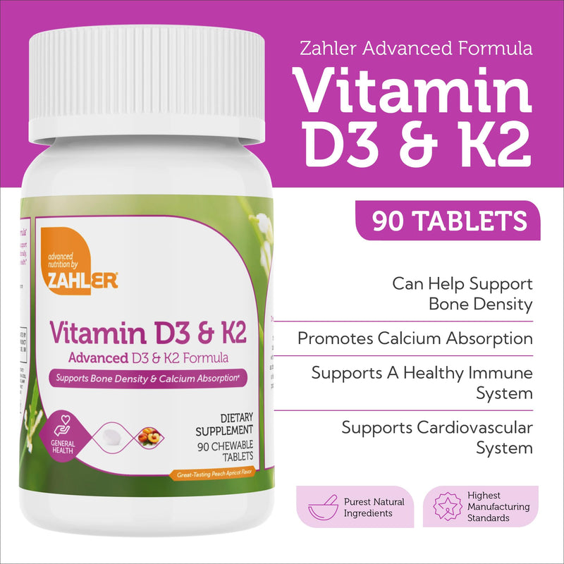Zahler - Vitamin D3 & K2 Chewable Supplement (90 Count) - Certified Kosher K2 D3 Vitamin 5000 IU Delicious Chew Tablet - Vitamin D & K2 for Calcium Absorption, Bone Density & Immune Support
