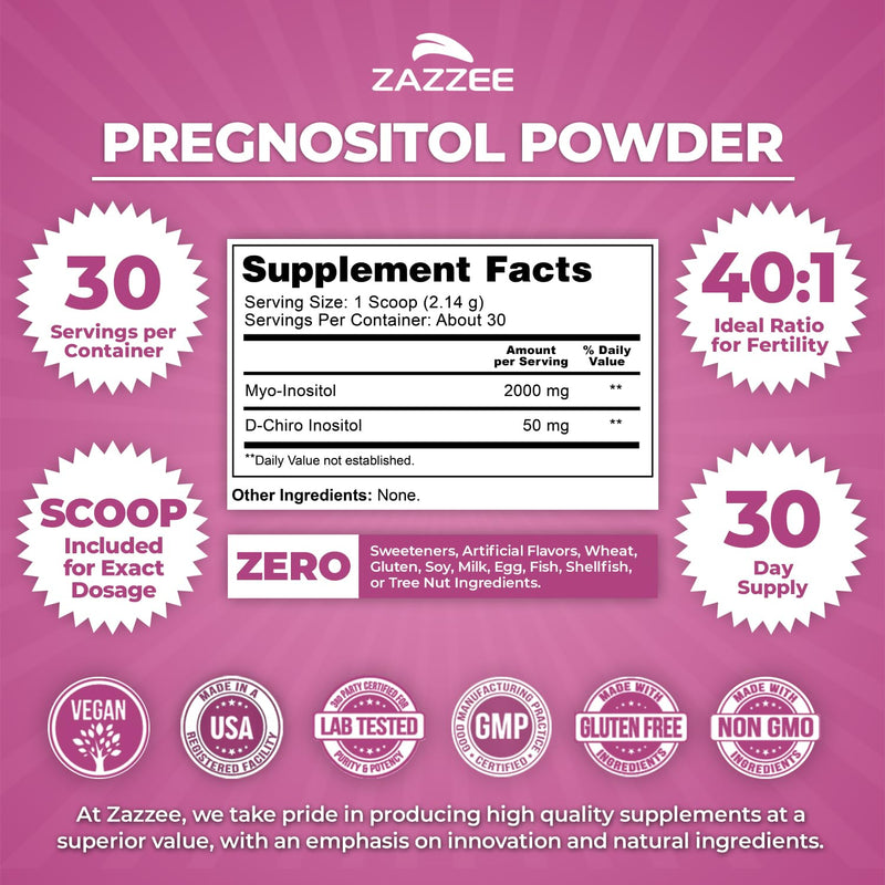 Zazzee PREGNOSITOL Powder, 30 Day Supply, Myo-Inositol & D-Chiro Inositol | 40:1 Fertility Blend, Free Scoop for Exact Dosage, Premium Balanced Formula, 180 Servings, Vegan, All-Natural and Non-GMO 2.17 Ounce (Pack of 1)
