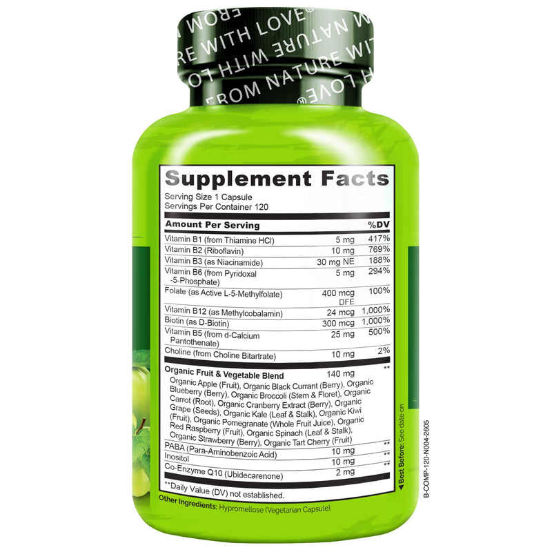 NATURELO Vitamin B Complex, 120 Capsules, Vegan, CoQ10, Methyl Folate | Biotin, Fruit & Vegetable Blend, Supports Energy And Healthy Stress Response, Super B Complex Vitamins for Women and Men 120 Count (Pack of 1)