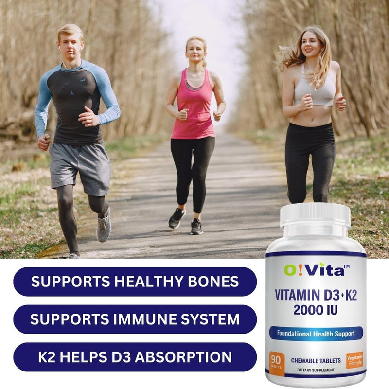 Vitamin D3 + K2 2000IU Chewable for Bone Health Support, 90 Vegetarian chewable Tablets, up to 3-Month Supply