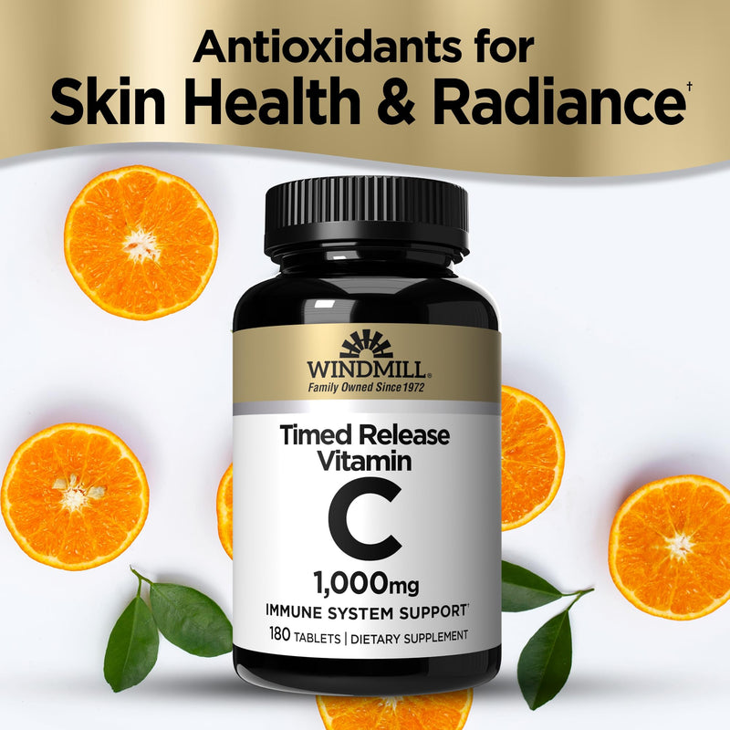 Windmill Natural Vitamins Vitamin C 1,000mg Time Released, with Rose Hips and Bioflavonoids, Packed with Antioxidants, Supports Immune System, 180 Servings, 180 Count