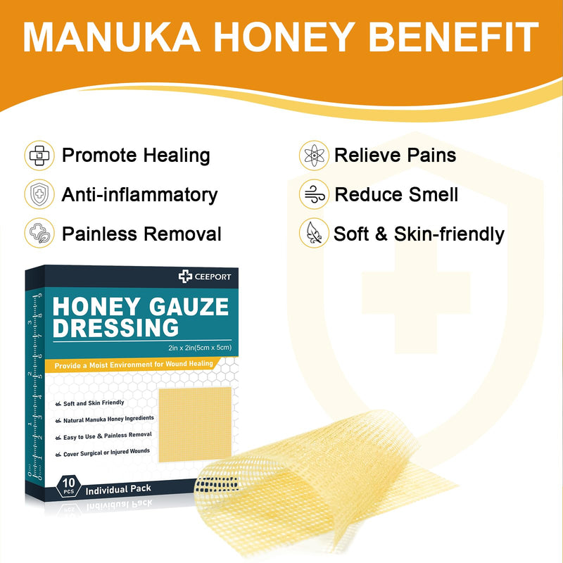 Ceeport Manuka Honey Gauze Wound Dressing 2" x 2",10 Pack Manuka Honey Wound Care Pads, Medical Grade Honey Bandages for Wound Care, Honey Patch for Faster Healing from Burns,Abrasions,Cuts and Scalds Honey Gauze 2'' x 2'' - 10 Pack - BeesActive Australia
