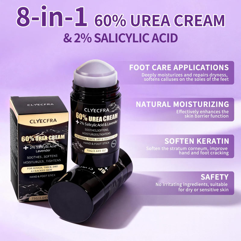 8-in-1 60% Urea Balm with 2% Salicylic Acid & Lavender, Hand & Foot Stick, Urea Cream 60 Percent for Feet Maximum Strength for Rough, Dry, Thick & Cracked Skin, Callus Remover, Deep Hydration