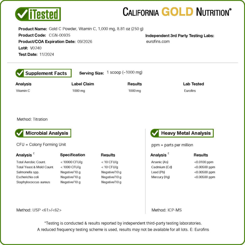 California Gold Nutrition Gold C Powder USP Grade Vitamin C Powder - Immune Support & Seasonal Wellness - Vegetarian Friendly - Gluten Free, Non-GMO - Quality Tested - 1000 mg - 8.81 oz (250 g)