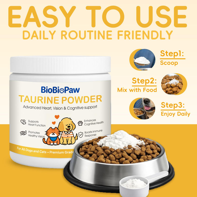 Pure Taurine for Dogs & Cats Taurine Powder Supplement for Pet Puppy Kitty 500mg Unflavored Easy-to-Mix Taurine Supplement for Doggy Supports Immune Heart Vision Skin Vitality Made in USA 200 Grams