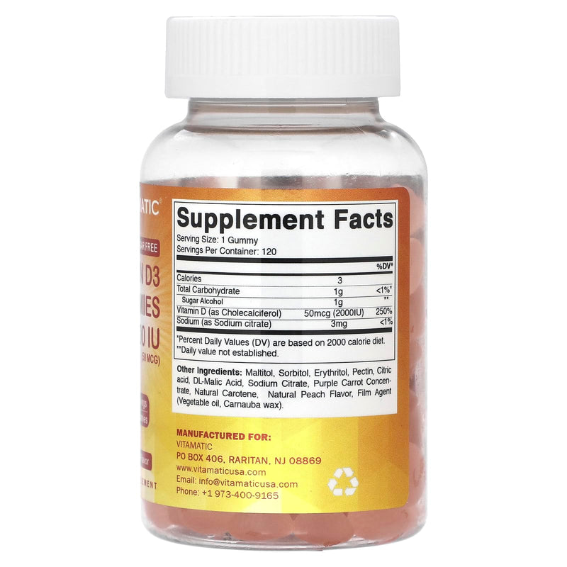 Vitamatic Sugar Free Vitamin D3 2000 IU - 120 Pectin Based Gummies - Great Taste - Healthy Bones, Mood & Immune System Function - Non-GMO - 120 Servings | Natural Peach Flavor, Gluten Free, Non-GMO