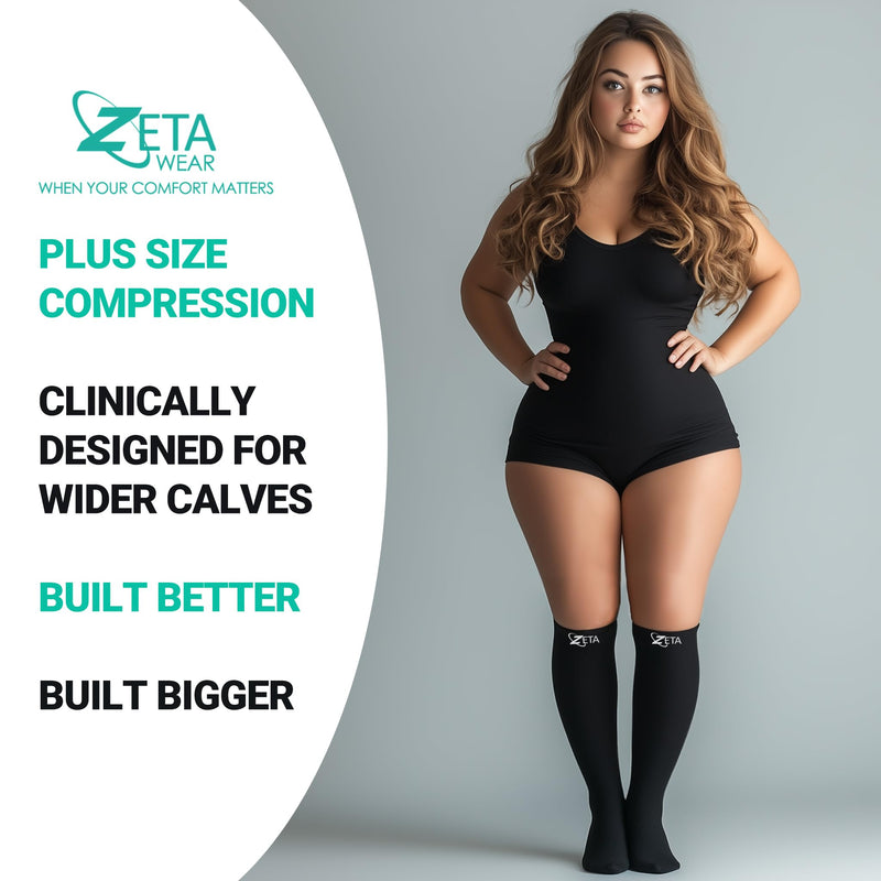 Zeta Wear Plus Size Compression Sleeves 15-19mmHg Medical Grade Wide Calf 1 Pair - Black 2XL - BeesActive Australia