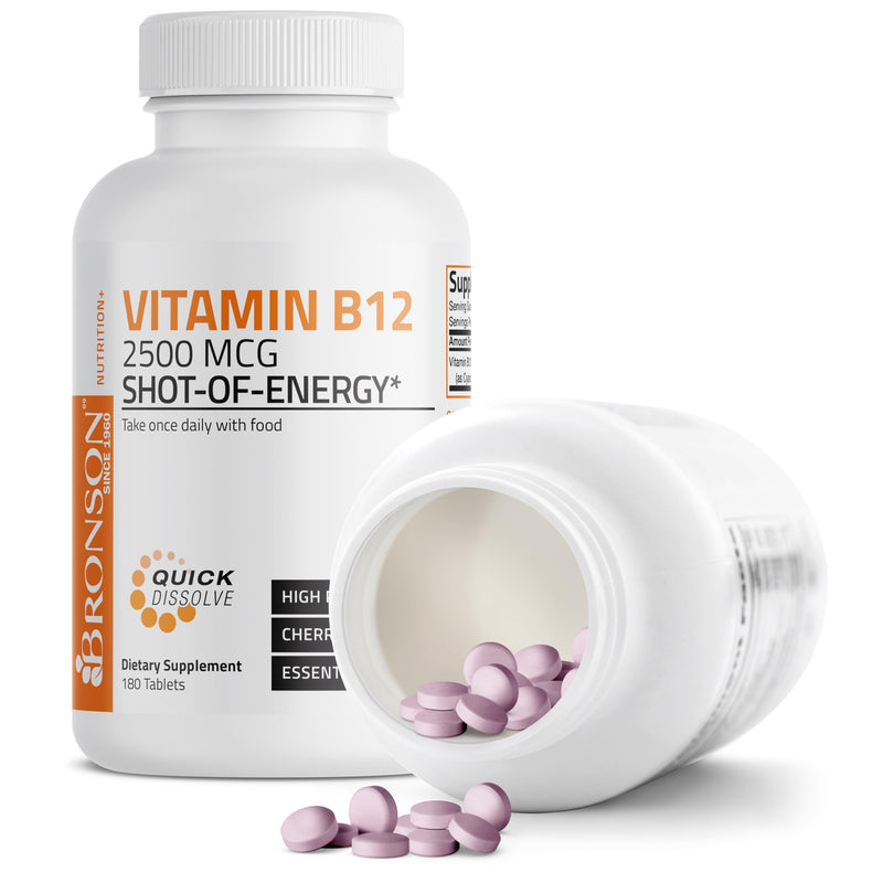 Bronson Vitamin B12 2500 mcg Fast Dissolve Sublingual Cherry, 180 Tablets | B12 as Cyanocobalamin, Supports Energy Metabolism, Red Blood Cell Formation, Nerve & Brain Function 180 Count (Pack of 1)