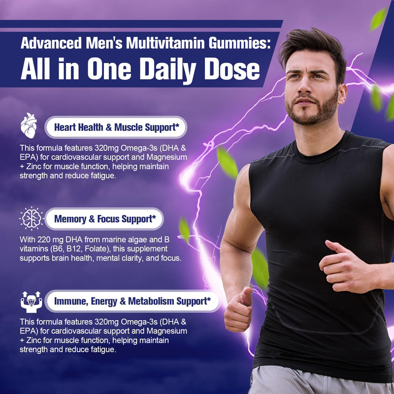 Multivitamin for Men, Mens Multivitamins Gummies w/Omega-3, Probiotics, Inositol, Folate, Biotin, Zinc, Vitamins A, C, D, E, B, - Support Heart, Brain, Muscle, Energy, Sugar-Free, Blackberry Flavor 60 Count (Pack of 1)