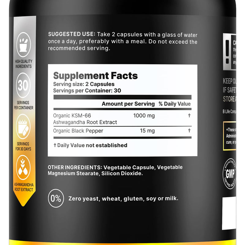 Organic Ashwagandha KSM-66 1000 mg Supplement | Adaptogen for Cortisol Support & Stress Relief | Mood, Calm & Sleep Aid for Men & Women | Ashwagandha ritual vitamins for women | 60 Vegan Caps 60 Count (Pack of 1)