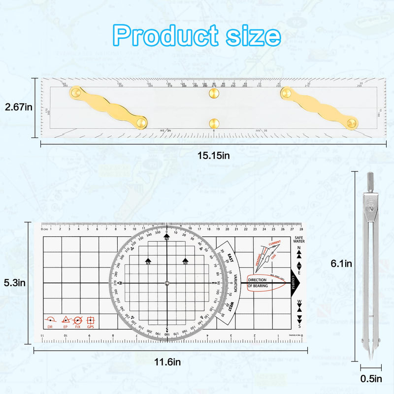 3 Pcs Basic Navigation Set,Including 15inch Parallel Ruler with Brass Arms, Nautical Protractor, and 6 Inch Marine Fixed Points Divider, Marine Accessories with Clear Scales for Boat