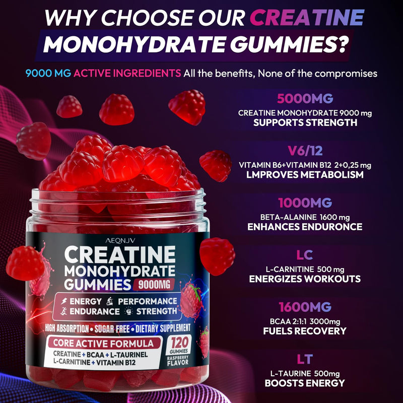 Creatine Gummies Monohydrate Complex 9000MG, Pre-Workout for Men & Women, Creatine Gummy with L-Taurine, BCAA 2:1, B12/6 for Muscle Support, Enhance Strength, Energy Boost-120 Count Raspberry 120 Count (Pack of 1)