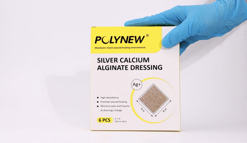 Silver Calcium Alginate Dressing, 4”x4”-6 Individual Package Highly Absorbent, Non-Adhesive, Painless Removal Ag Alginate Wound Bandage for Burns, Ulcers, Abrasions, Pressure Sore Silver Calcium Alginate 4"x4" (6 Pcs/Box)