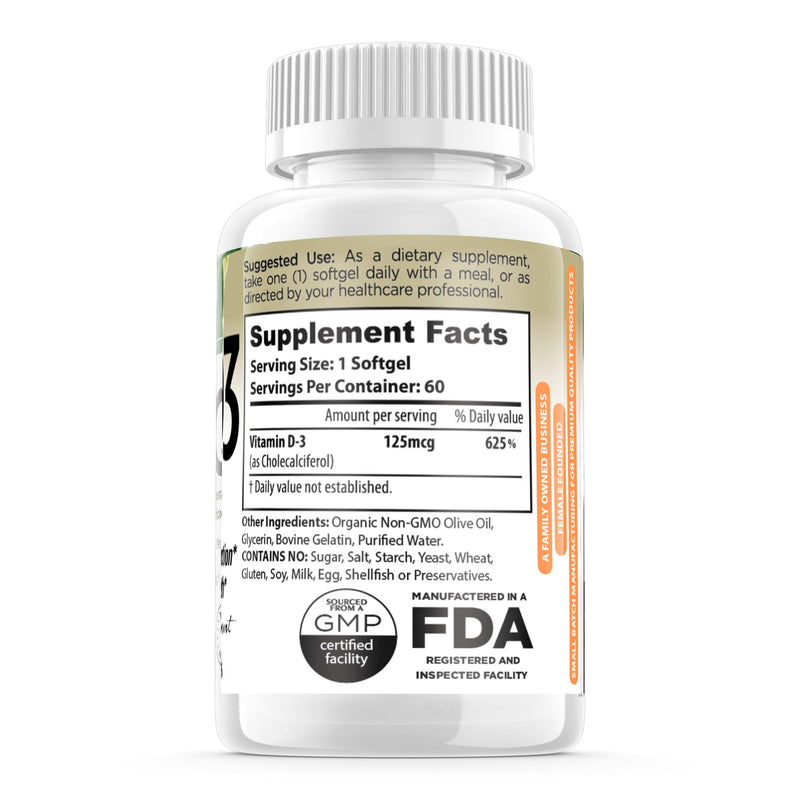Vitamin D3 5000 IU Supplement 125 mcg Soft Gels Specially for Sensitive Stomachs Supplements with Organic Olive Oil Best Vitamin D3 Supplement for Women & Men Made in USA