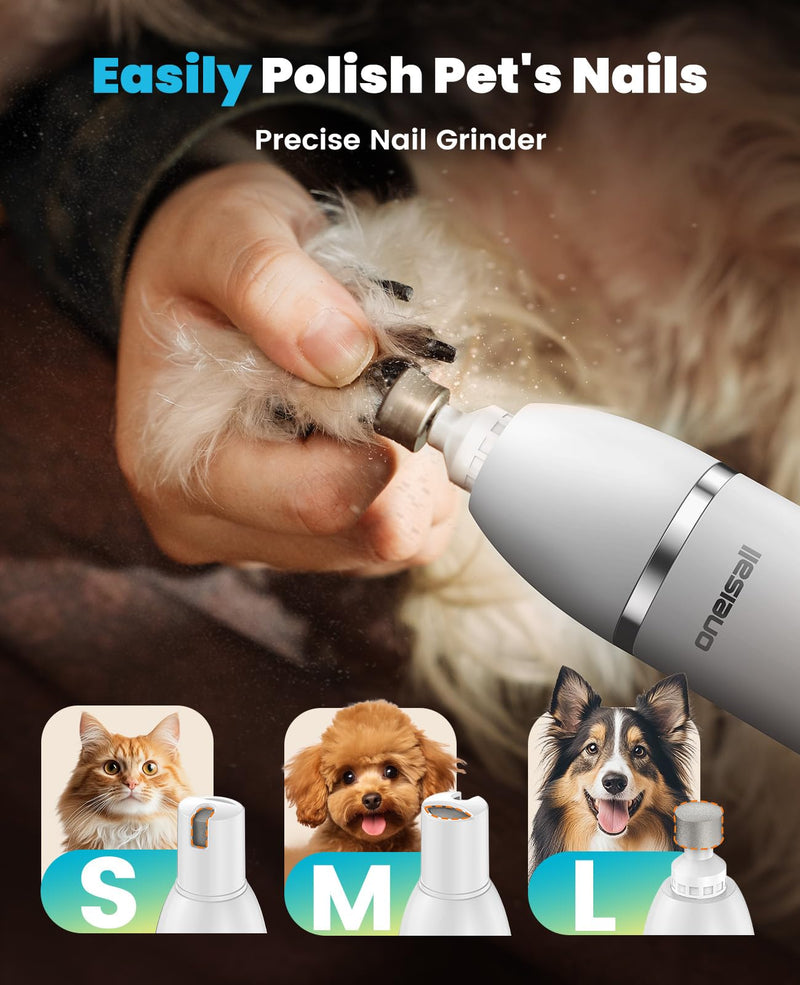 oneisall 4 in 1 Dog Grooming Kit with LCD Display, Dog Hair Trimmer for Paw Nail Grinder, Rechargeable Cordless Low Noise IPX7 Waterproof Pet Clippers (White) White