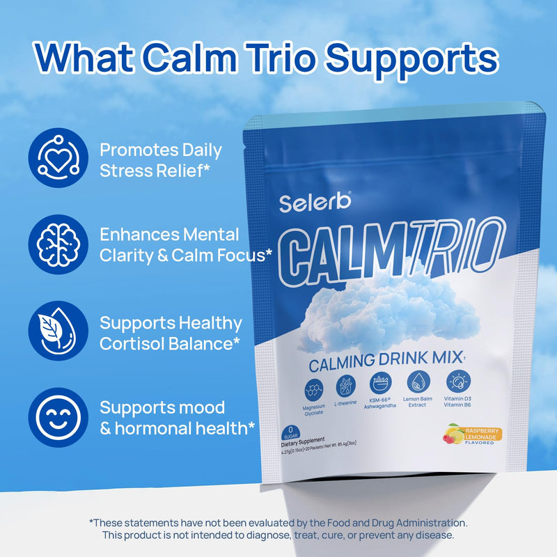 Selerb CalmTrio Magnesium Glycinate Powder Cortisol Drink Mix - No Sugar with L-Theanine, Ksm-66® Ashwagandha, Lemon Balm, Vitamin D3, B6, Supplements for Relax, Focus & Calm, Raspberry Lemon 20 Ct