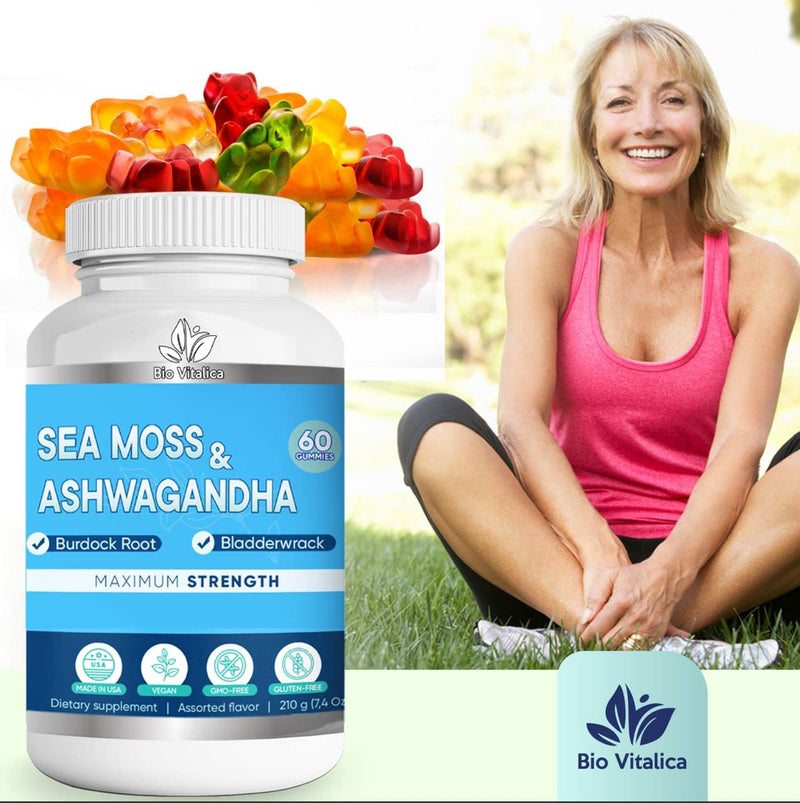 Sea Moss Ashwagandha Gummies - Organic Irish Sea Moss Blended with Burdock Root & Bladderwrack - Natural Energy & Calm Support for Adults - 2 Packs Sea Moss Ashwagandha 60 Count (Pack of 2)