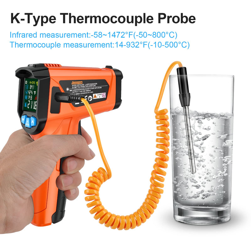 Infrared Thermometer Gun, Non Contact Digital Laser Thermometer Temperature Gun with Color LCD for Cooking, Home Repairs, Humidity Measurement, Adjustable Emissivity -58°F to 1472°F(-50~800°C) Orange -58℉~1472℉(-50℃~800℃)
