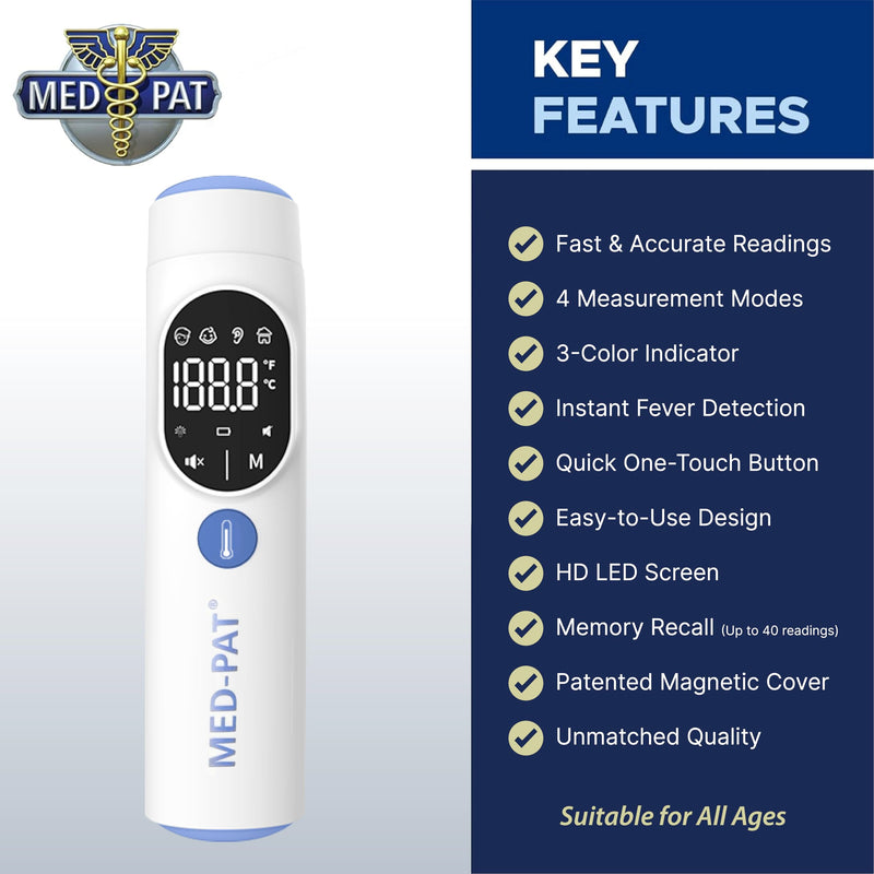 Med-Pat TH-1 Touchless Digital Thermometer - Infrared 1-Second Result - - Baby, Kids, Adults - Temperature Fever Alert, HD Color - Forehead & Ear Mode - Auto-Light & Silent Mode