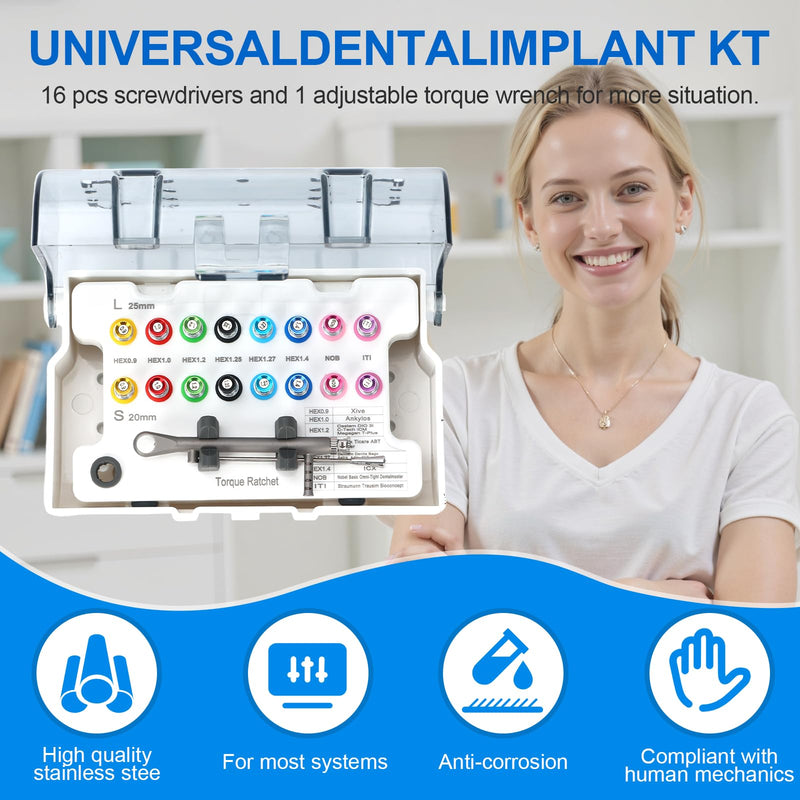 Dental Implant Torque Wrench Set - Universal Prosthetic Kit Dental Implant Kit with Torque Ratchet Screwdrivers 16 pcs,10-70Ncm, Secure Disassemble Implant Restorations
