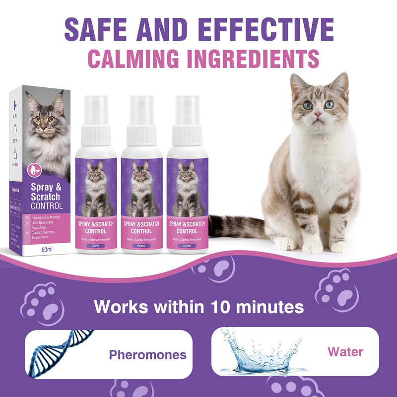 Cat Calming Spray Calming Solution for Cats Cat Pheromone Spray Reduces Stress Anxiety Scratching Calming Spray for Cats Good for Home Travel Cat Pheromones Calming Spray 60 ML 3 Pack