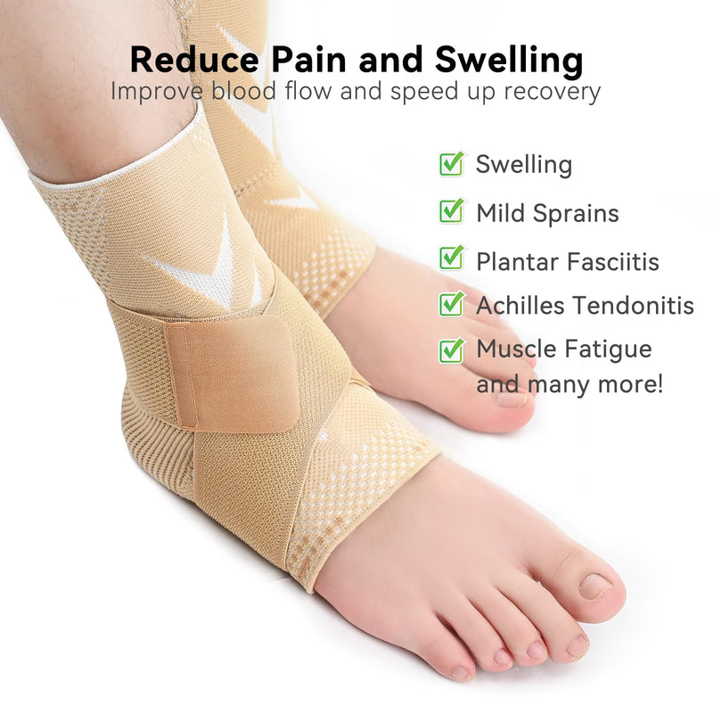 INDEEMAX 3D Ankle Brace for Women & Men, 2 Pack Ankle Compression Sleeve Support Copper Infused Ankle Brace for Sprained Ankle, Plantar Fasciitis Sports, Achilles Tendonitis Pain Relief, Copper Beige, M Medium