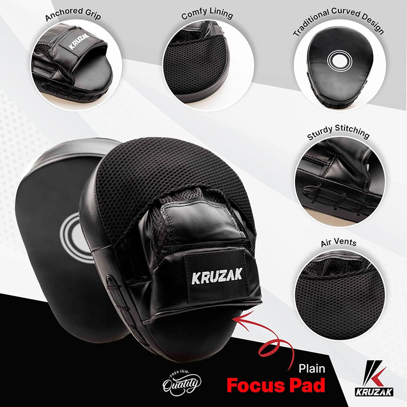 Kruzak Plain Kids Focus Mitts and Boxing Gloves Set for Kickboxing and Muay Thai MMA Training - Unisex Kit with Punching Pads for Martial Arts and Karate Black 4 oz - BeesActive Australia