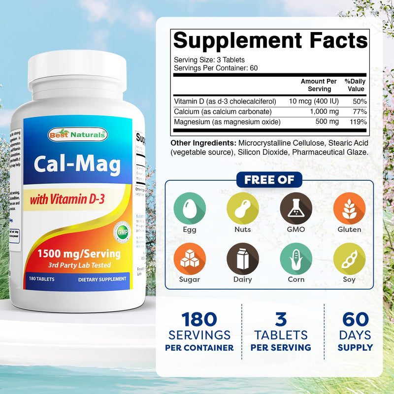 Best Naturals Calcium Magnesium with Vitamin D3 1500mg Serving 180 Tablets (180 Count (Pack of 1)) 180 Count (Pack of 1)
