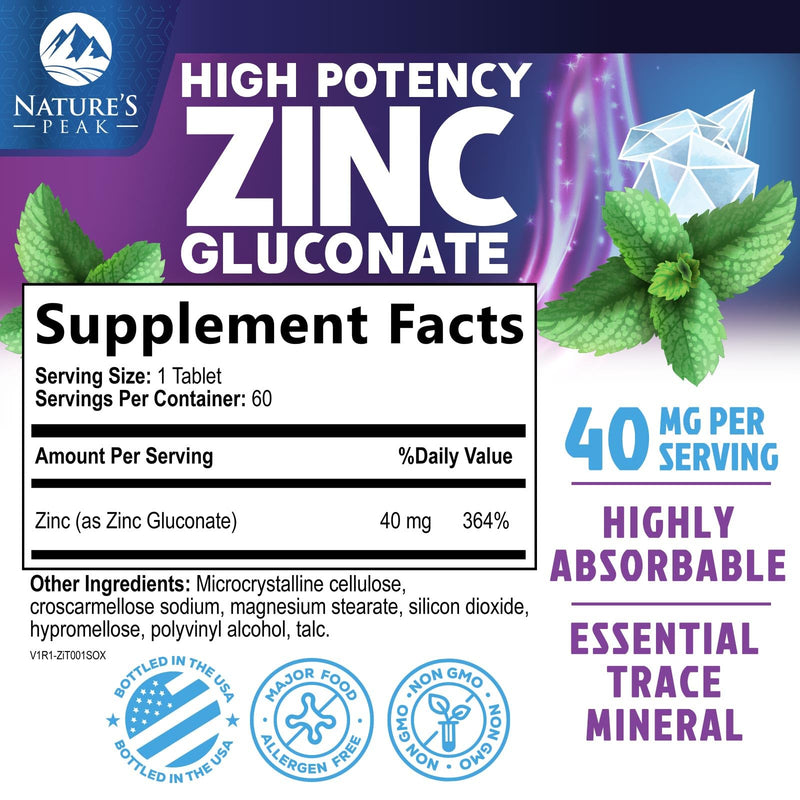 Zinc Supplements 40mg - 40mg of Zinc is the NIH's Safe Upper Daily Limit for Women & Men - Best Zink Supplement for Immune Support, Antioxidant, Skin Health, Gluten Free, Bottled in USA - 60 Caplets 60 Count (Pack of 1)