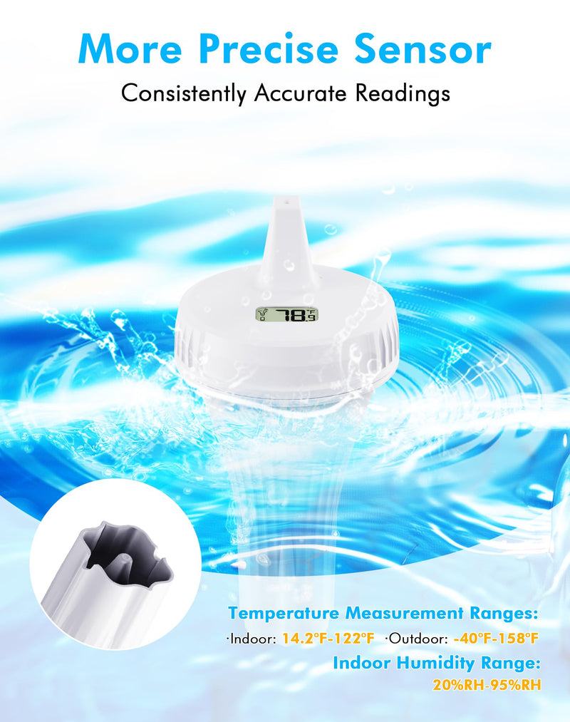 Pool Thermometer Floating Easy Read, IPX8 Waterproof Wireless Digital Thermometer with Indoor Thermometers for Swimming Pool, Spa, Aquarium, Cold Plunge, Hot Tub, Pond - BeesActive Australia