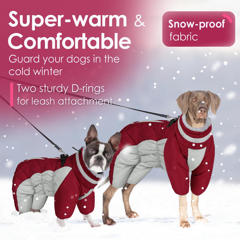 AOFITEE Fullbody Dog Coat Dog Jacket, Windproof Dog Winter Coat with Harness Built In, Reflective Turtleneck Dog Snow Jacket Snowsuit, Four-Legged Puffer Coat for Small Medium Large Dogs M Burgundy - BeesActive Australia