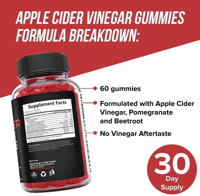 ORPHIC NUTRITION Apple Cider Vinegar Gummies 1000mg - Unfiltered ACV with Vitamin B12, Beetroot & Pomegranate (120 pcs) 120 Count (pack of 1)