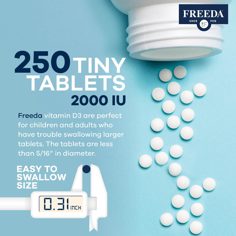 FREEDA Pure Vitamin D3 2000 IU Supplement – 250 Tiny Tablets | Moderate Strength Vitamin D3 Supplement - 50 mcg (2,000 IU) Supporting Bone, Joint, Muscle, and Immune Health for Women & Men 250 Count (Pack of 1)
