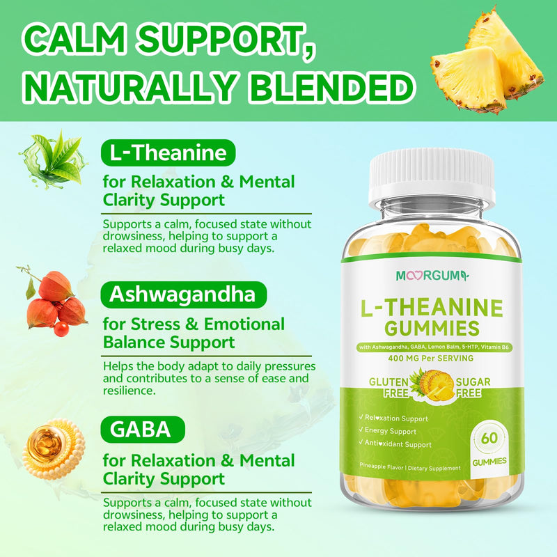 L-Theanine Gummies, 400mg l'theanine Chewable Supplement with Ashwagandha, GABA, Lemon Balm, 5-HTP, Vitamin B6, Support Zzz, Relax & Emotion, Vegan, Non-GMO, Sugar Free, Pineapple Flavor, 120 Count