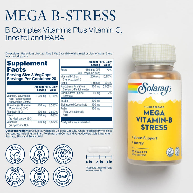 SOLARAY Mega Vitamin B-Stress, Timed-Release Vitamin B Complex with 1000 mg of Vitamin C for Stress, Energy, Red Blood Cell & Immune Support, 60 Day Guarantee, Vegan, 20 Servings, 60 VegCaps 60 Count (Pack of 1)