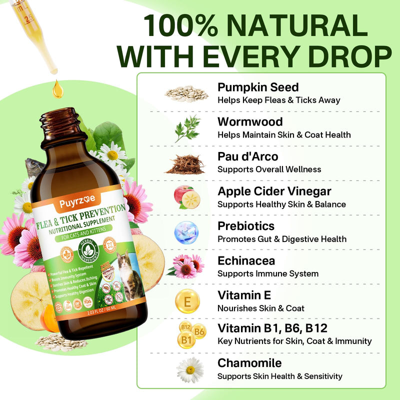 Puyrzoe Cat Flea Treatment, Natural Oral Flea and Tick Prevention for Cats Drops with Pumpkin Seed, Echinacea & Omega-3/6/9- Support Immunity, Healthy Skin & Coat, Digestion & Overall Wellness, 60 ML