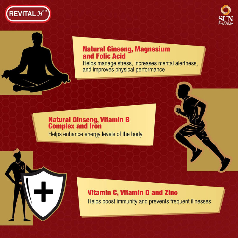 Revital H for Men with Multivitamins, & Natural Ginseng for Daily Immunity Strong Bones, and Enhances Energy Level - 60 Capsules