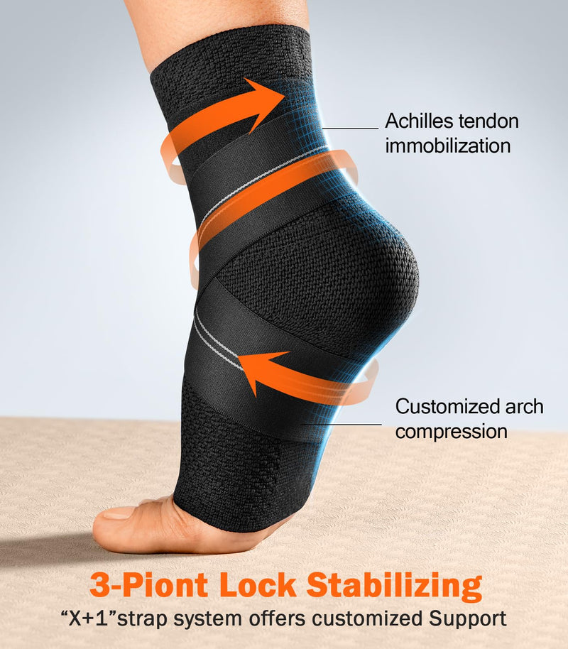 Flat Knitting Ankle Brace For Women&Men, 7-Zone Dynamic Compression Sleeve w/Flex Strap,Foot Support For Sports, Sprained Ankle, Achilles Tendonitis, Plantar Fasciitis Relief(Pack of1)L, Black Black(Pack of 1) Large - BeesActive Australia