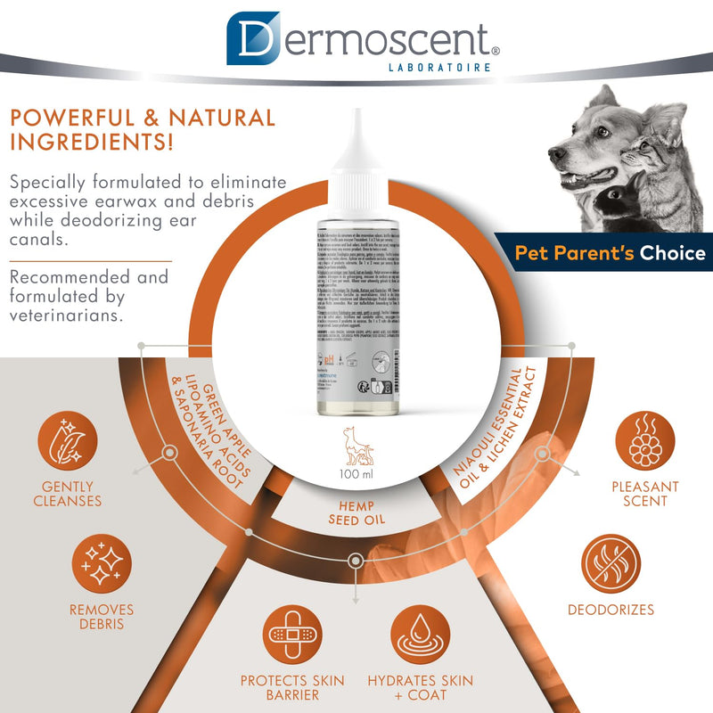 Dermoscent Essential OTO Ear Cleaner for Dogs, Cats, and Rabbits | 100% Natural Formula with Hemp Seed Oil, Gentle Earwax Removal, Odour Control, Ideal for Sensitive Ears