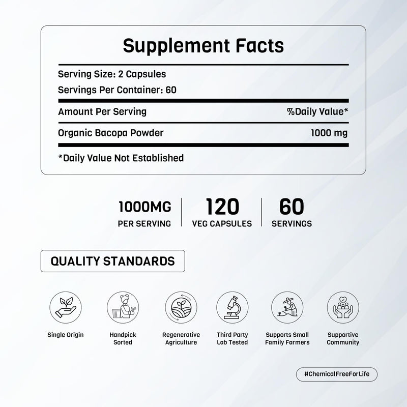 Organic Bacopa Monnieri Leaf Powder Capsules | USDA Organic | Vegan | Gluten Free | 120 Capsules | 1000mg | for Cognitive Function | Focus | Attention - BeesActive Australia