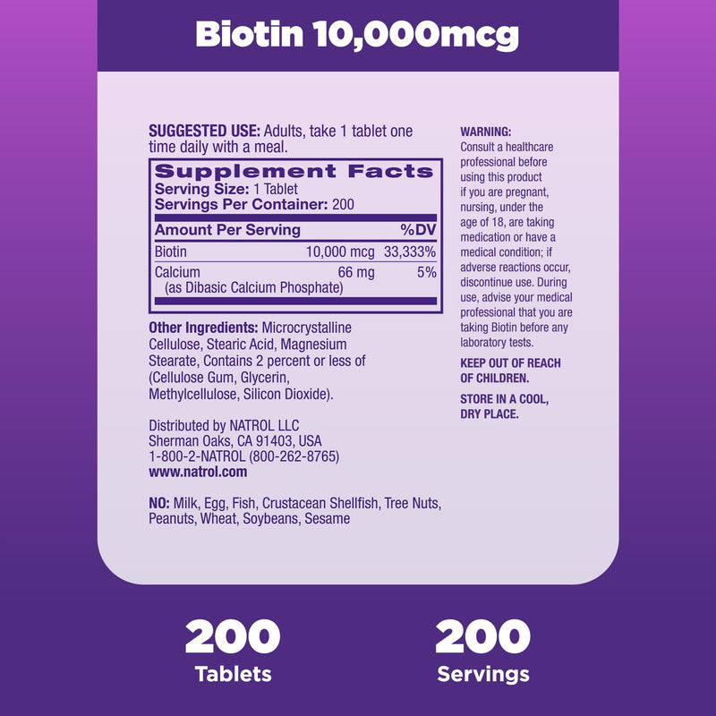 Natrol Biotin 10000mcg, Supplement for Healthy Hair, Skin and Nails for Those Low in Biotin, Plus Energy Metabolism Support, 200 Tablets, Up to a 200 Day Supply,(Pack of 2) Unflavored 200 Count (Pack of 2)