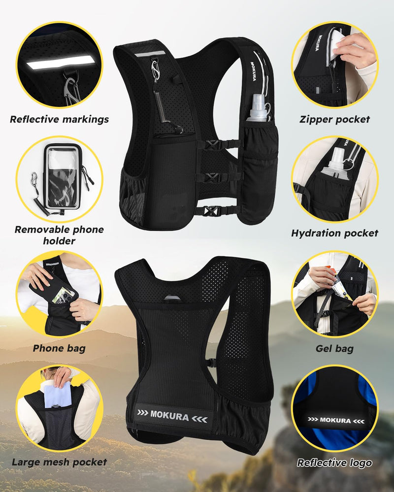 MOKURA Running Vest for Women Men, Reflective Hydration Vest with 500ML Soft Flask and Phone Holder, Adjustable Running Backpack, Lightweight Run Pack Water Bottle, Runner Marathon Essentials Medium