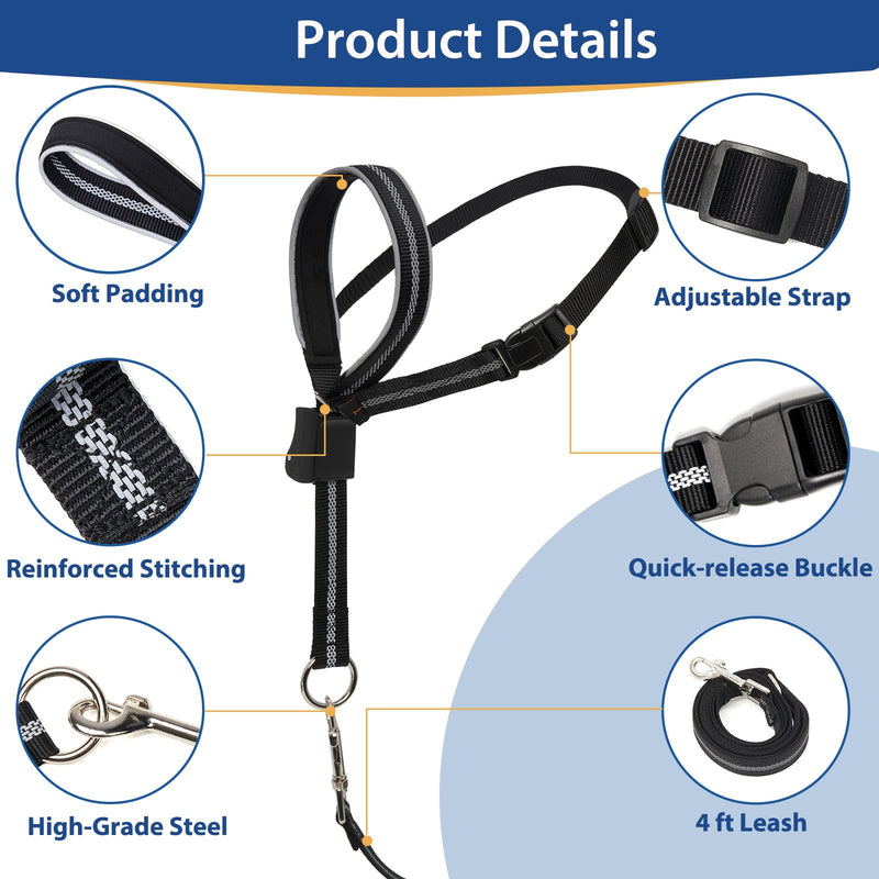 BARKLESS Dog Head Collar, Reflective Head Halter for Small Medium Large Dogs with Soft Padding, No Pull Mouth Harness with Training Leash, Adjustable Muzzle Leash for Gentle Walking M (Snout 9½-12½ '') Black - BeesActive Australia