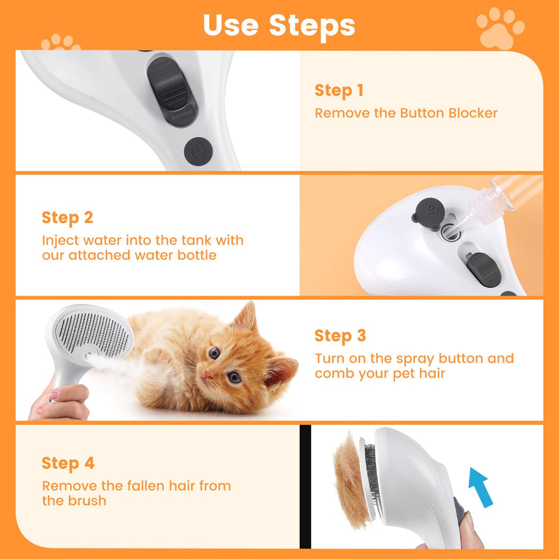 Cat Steam Brush, 3 in 1 Cat Brush for Shedding & Grooming Rechargeable, Water Brush for Cats & Dogs, Small Animal Hair Removal Comb Tool, Pet Self Cleaning Slicker Brush with Release Button White - BeesActive Australia