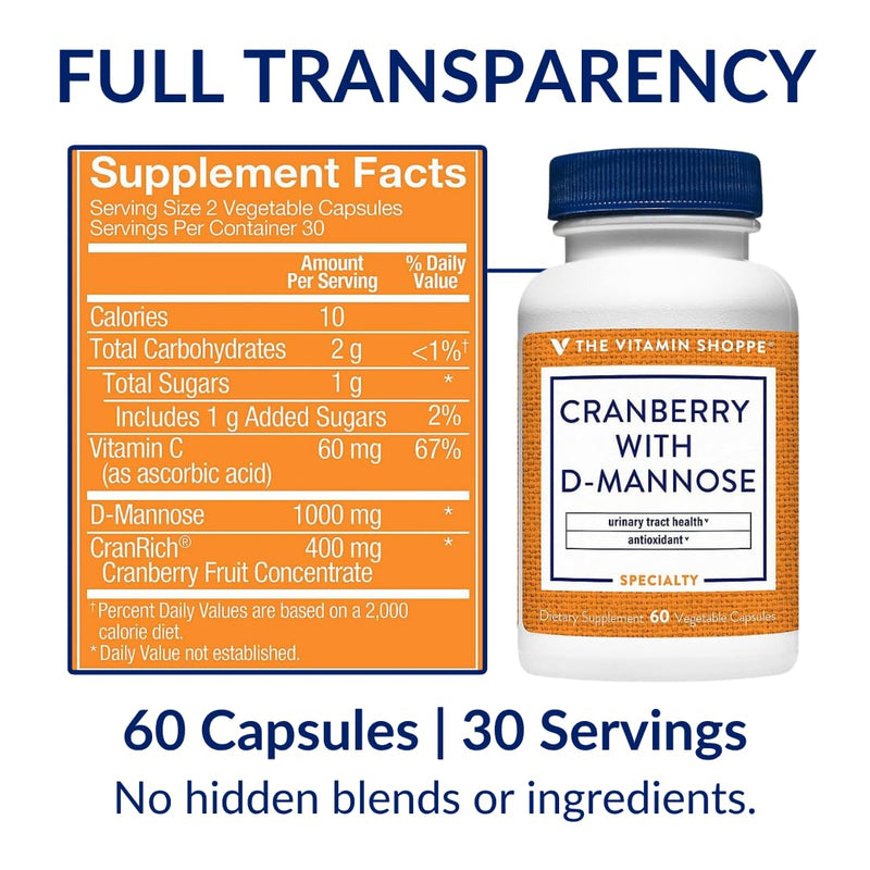 The Vitamin Shoppe Cranberry with D-Mannose - Urinary Tract & Bladder | with Vitamin C CranRich | 60 Veggie Caps | Women's Health