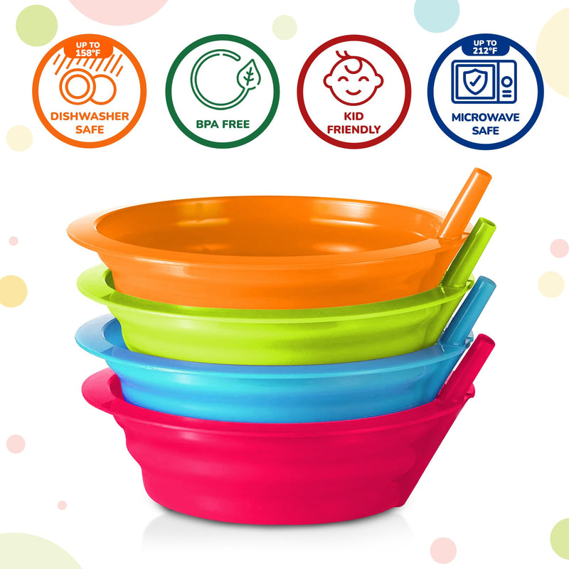 Kids Cereal Bowls with Straws - Set of 6 Plastic Bowl with Straw For kids BPA Free Dishwasher and Microwave Safe - 22 Oz Toddlers Bowls with Built-In Straws Includes 3 Cleaning Brushes - BeesActive Australia