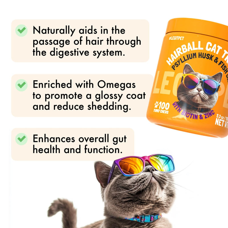 Hairball Treatment for Cats Natural Remedy with Apple Pomace, Psyllium Husk Omega 3 6 Fatty Acids Zinc Biotin Cat Supplement for Indoor Cats Promotes Healthy Digestion Furball Control 100 Yummy Chews Hairball 100