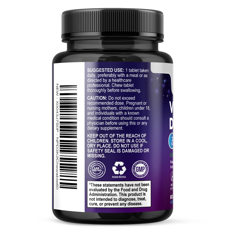 Vitamin D3 K2 - 5000 IU Vitamin D3 & 100 mcg Vitamin K2 MK-7 per Serving - Bone, Heart, & Immune Health Support - Calcium Absorption - D3K2 Berry Chew, Gluten Free, Non-GMO, Bottled USA - 60 Tablets 60 Count (Pack of 1)
