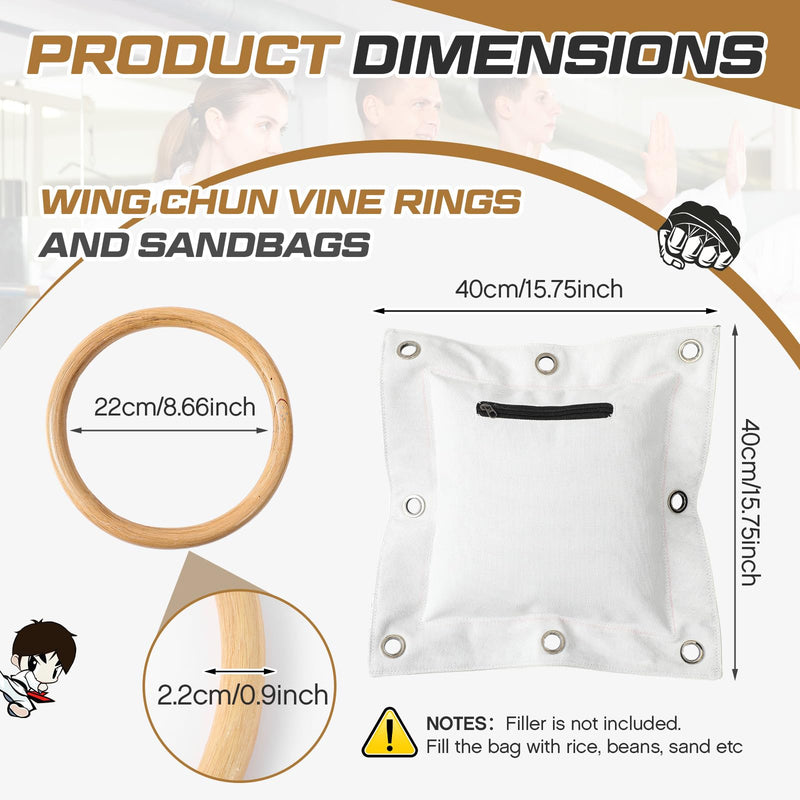 2 Pcs Wing Chun Rattan Ring with Kung Fu Wall Bag Set 8.7 Inch Wing Chun Ring 15.8 x 15.8 Inch Canvas Striking Boxing Punch Bag for Martial Arts Training Equipment - BeesActive Australia