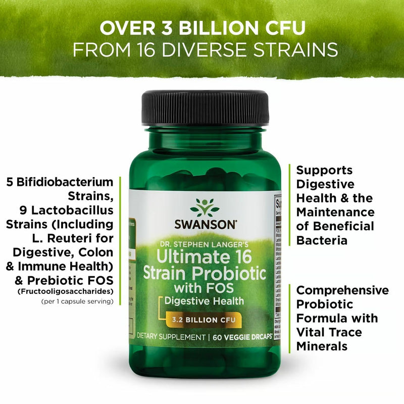 Swanson Dr. Stephen Langer's 16-Strain Probiotic with Prebiotic FOS for Gut-Health-Conscious Adults with 3.2 Billion CFU (60 Vegan Capsules, 4 Pack) 60 Count (Pack of 4)